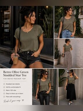 Retro Olive Green Studded Star Tee | Y2K Boho Rocker Top | Forever 21